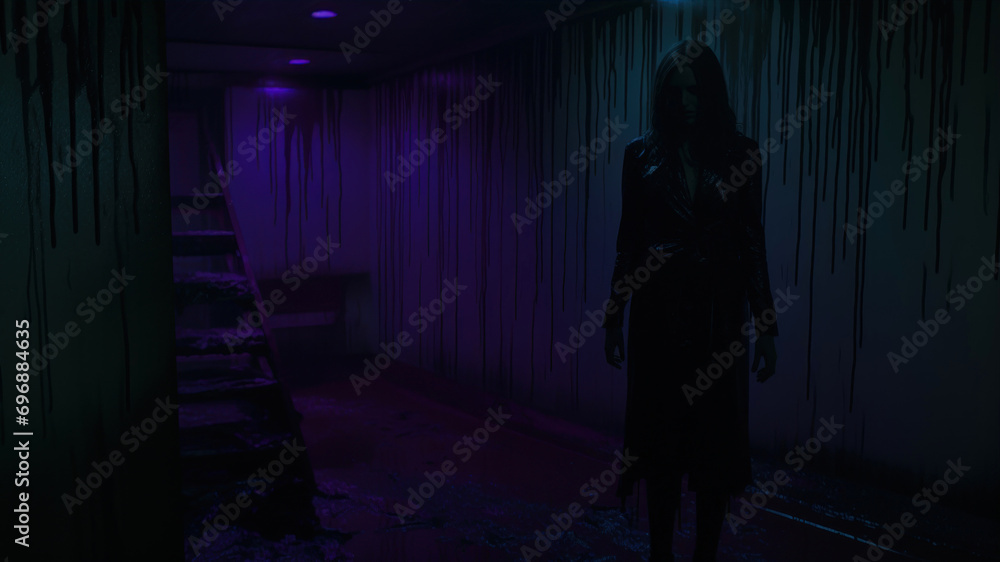 Frightening woman in a dark corridor. Horror movie concept.