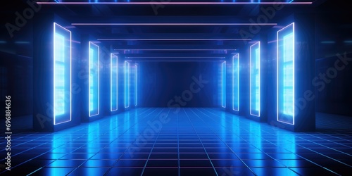 Neon room with led light stage vector background. Dark abstract studio with screen night scene. Empty television hall for dance party or concert. photo