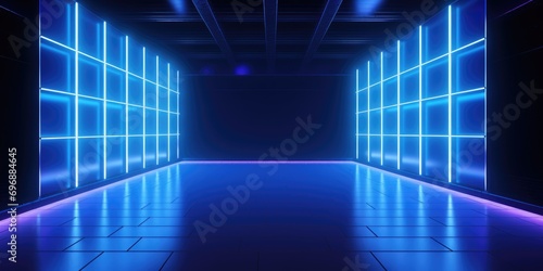 Neon room with led light stage vector background. Dark abstract studio with screen night scene. Empty television hall for dance party or concert. photo
