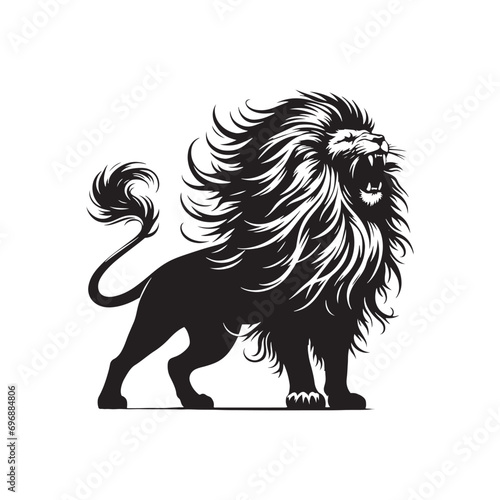 Fototapeta Naklejka Na Ścianę i Meble -  Lion Roaring Silhouette: Untamed Roar's Shadow, Dominant Mane in Striking Outline, Jungle Monarch's Bold Darkness - Roaring Lion Silhouette
