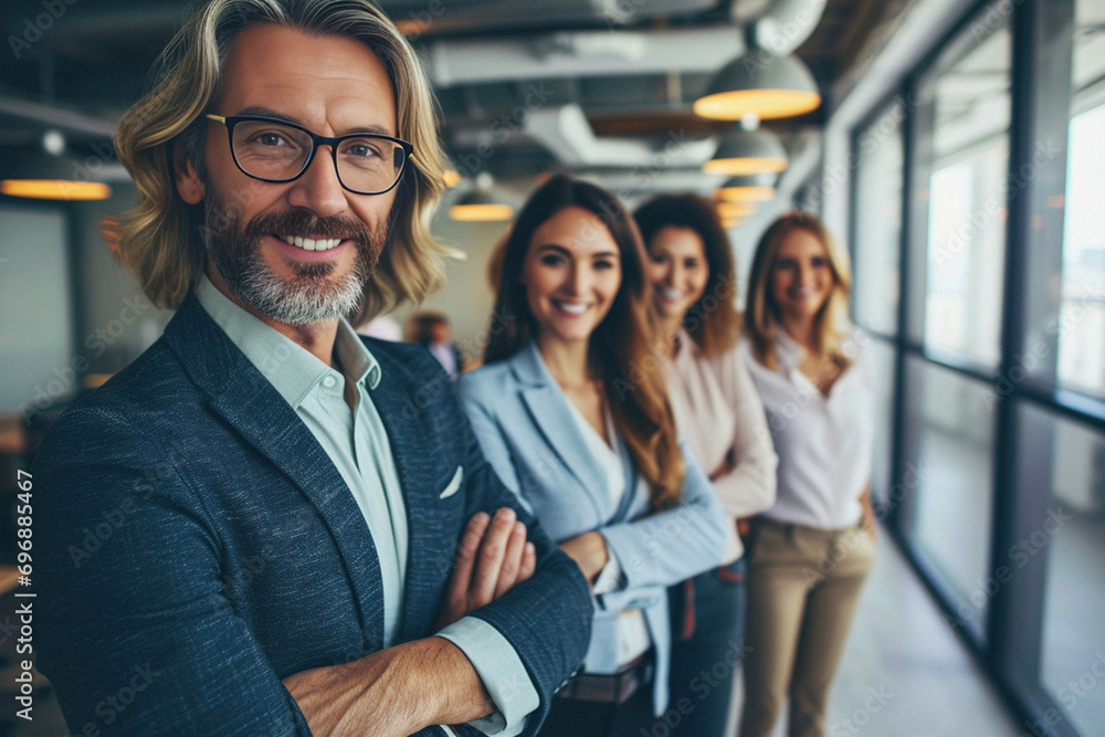 Fototapeta premium A diverse group of businesspeople poses for a professional team photo, exuding confidence and professionalism, while looking smart and impeccable. Generative AI.