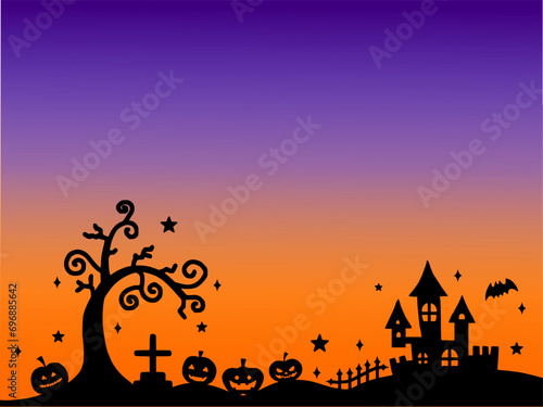 ハッピーハロウィーンのシルエット背景　鮮やかなオレンジと紫のグラデーションが美しい壁紙イラスト