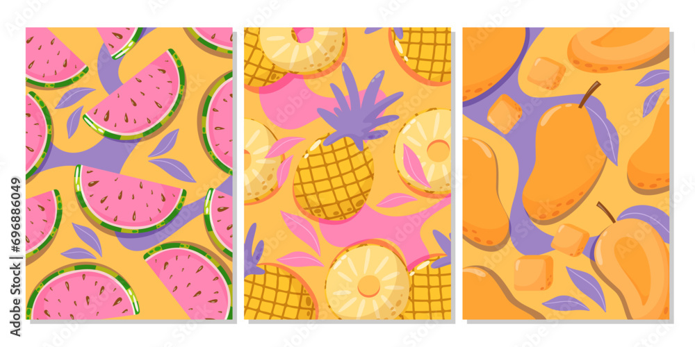 Set of fun bright tropical fruit backgrounds. Watermelon, pineapple, mango. Summer vitamin abstract vector illustration for banner, poster, flyer, fruit shop, social media
