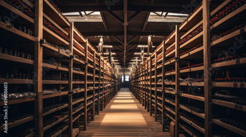 wine bottles in wooden rack in wine cellar