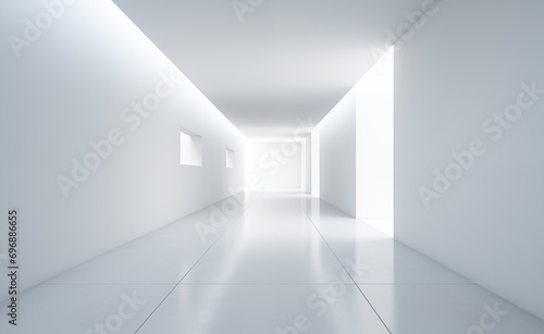 Minimalist empty modern house with a narrow empty corridor of white satin walls.