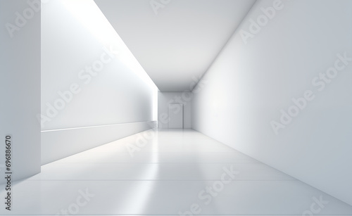 Minimalist empty modern house with a narrow empty corridor of white satin walls.