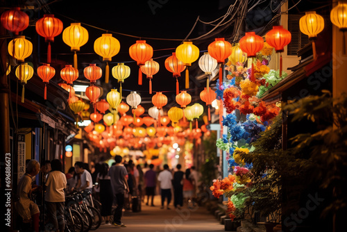 Lantern-lit streets during a traditional festival, space for a statement on community and celebration