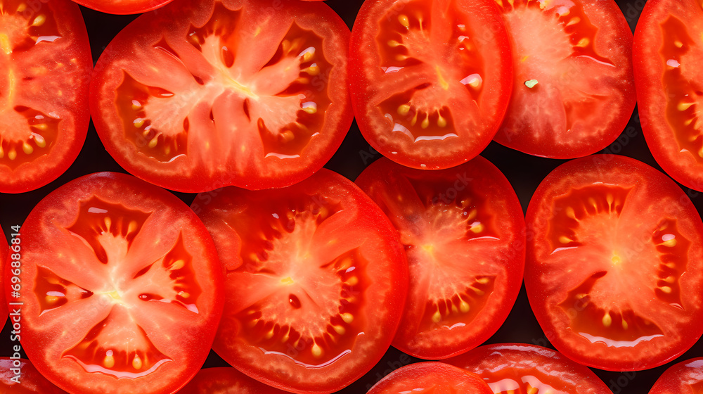 Top View Full Frame of Fresh Tomato Fruit Slices, Creating a Vibrant and Summery Visual Feast. Top View Full Frame of Fresh Tomato Fruit Slices, Creating a Vibrant and Summery Visual Feast.