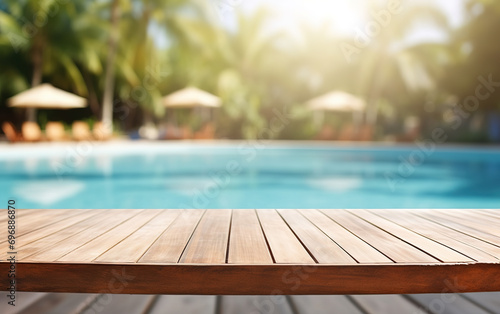 Stock Image with a Wooden Stage in the Foreground and a Dreamy Pool Background