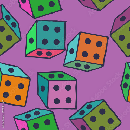 Seamless composition   multicolored dice . Hand drawn.
