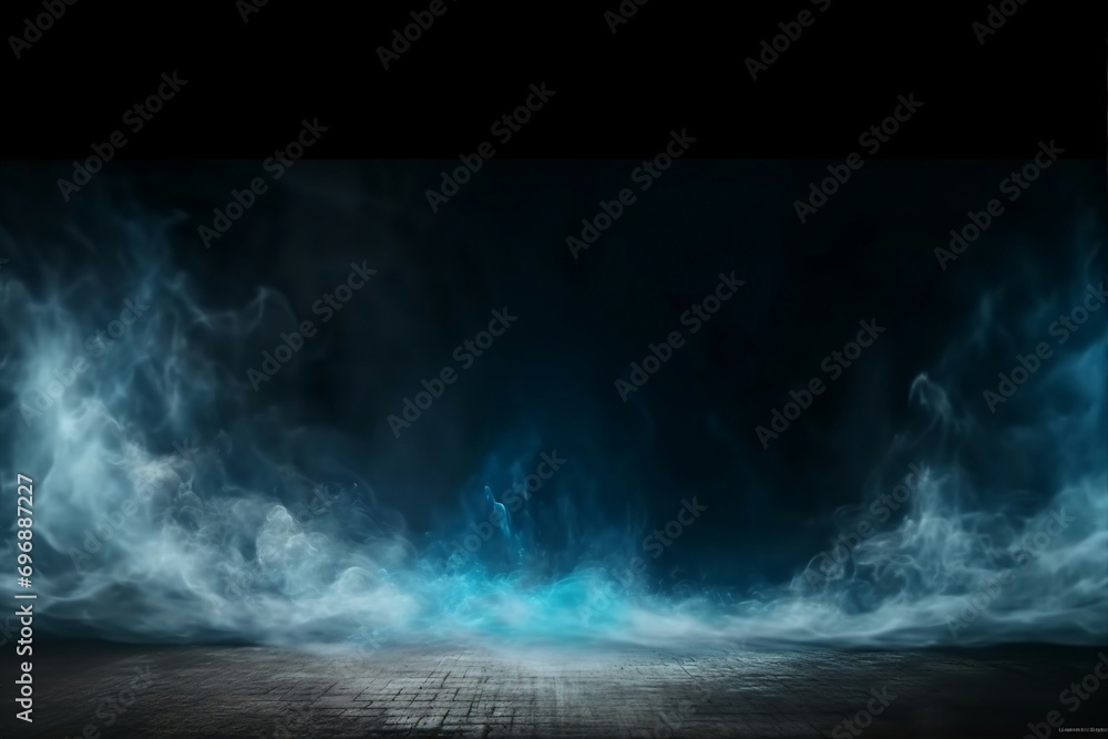 Abstract image of dark room concrete floor. Black room or stage background for product placement.Panoramic view of the abstract fog. White cloudiness, mist or smog moves. generative ai. Abstract image of dark room concrete floor. Black room or stage background for product placement.Panoramic view of the abstract fog. White cloudiness, mist or smog moves. generative ai.
