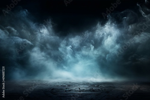 Abstract image of dark room concrete floor. Black room or stage background for product placement.Panoramic view of the abstract fog. White cloudiness, mist or smog moves. generative ai. photo