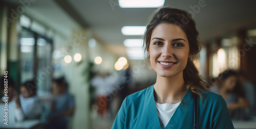 A female doctor smiles against the background of her colleagues.