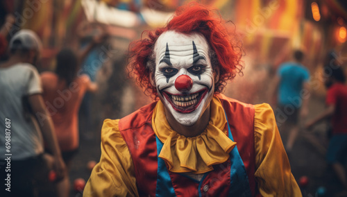 a clown is smiling with his clown outfit on in a dark night photo
