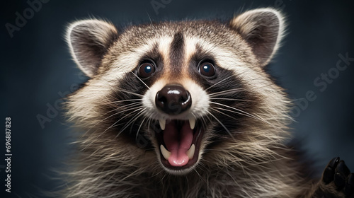 The raccoon laughs funny. Portrait.