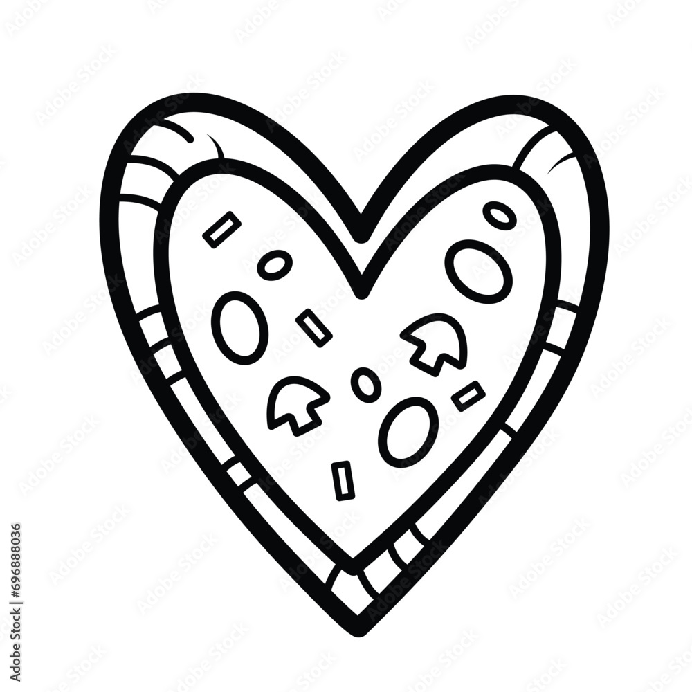 Heart shaped pizza vector illustration icon with black outline isolated