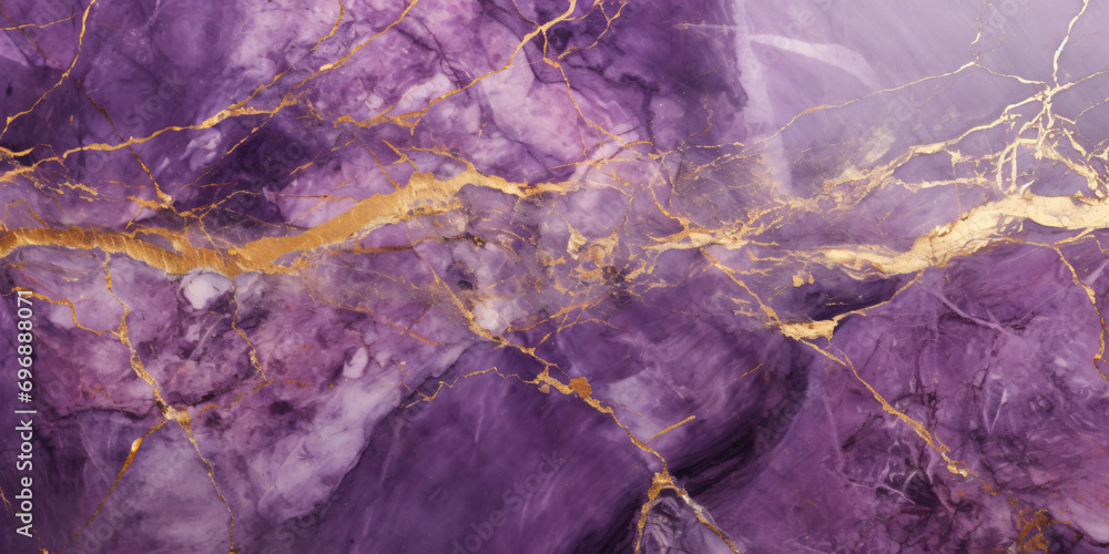 Naklejka premium Polished Purple marble texture background with cracked gold veins details, space for text