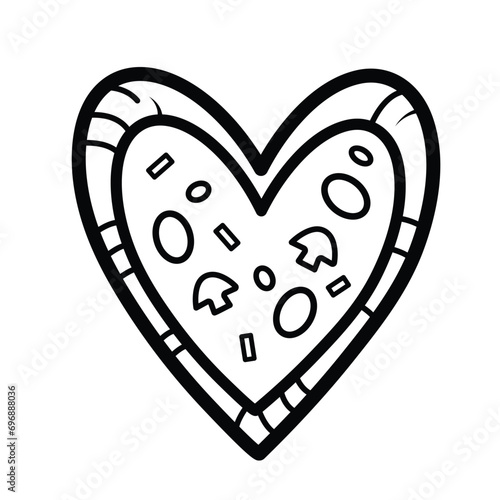 Heart shaped pizza vector illustration icon with black outline isolated on white square background. Simple flat minimalist art styled drawing with valentine and love theme.
