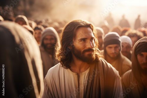 jesus in a crowd gazing up at his followers © Kien