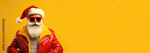 Banner of funny crazy hipster Santa Claus in red hat fun Christmas x-mas party celebrate New year time dance on yellow background.
