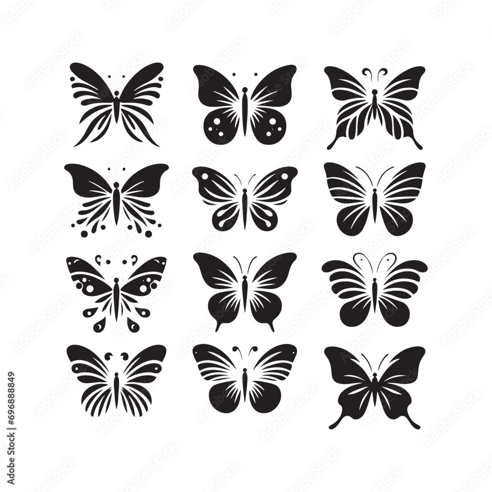 Set of Butterfly Silhouette: Ethereal Wings, Fluttering Grace, and Aerial Beauty in Nature's Silent Dance
