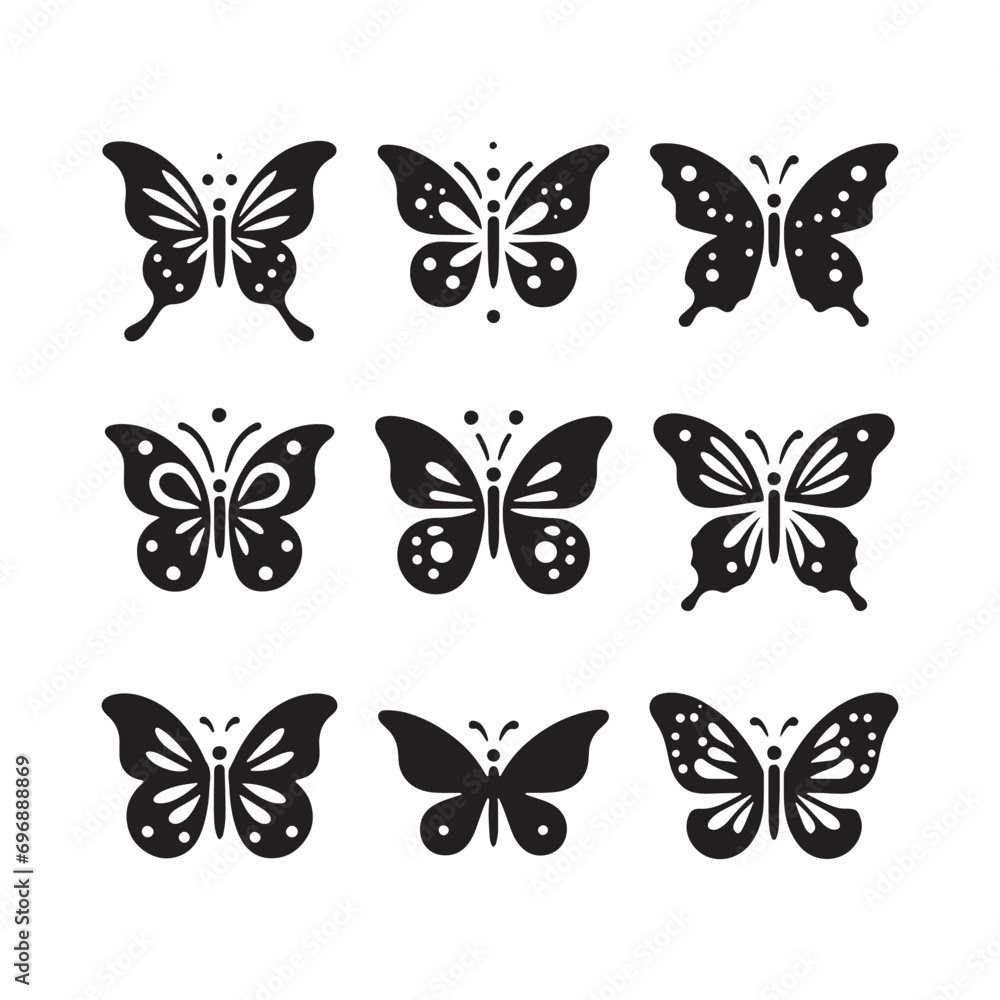 Nectar-Chasing Butterflies: Set of Butterfly Silhouette, Pollination Dance, and Botanical Harmony in Shadows
