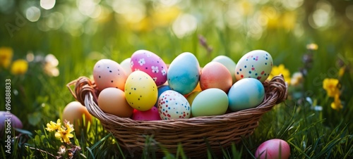 Easter holiday celebration banner greeting card - Painted easter eggs in bird nest basket on green fresh meadow with grasses