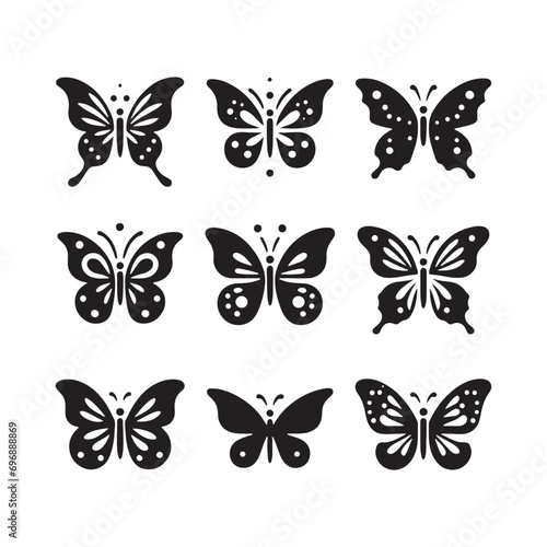 Nectar-Chasing Butterflies  Set of Butterfly Silhouette  Pollination Dance  and Botanical Harmony in Shadows 