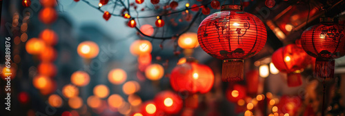 Chinese lanterns in the evening on the city streets, Chinese New Year celebration, space for text