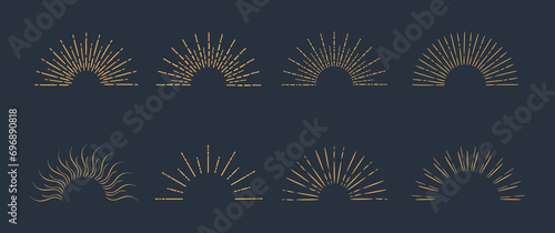 Sunburst rays set in golden vintage style. Bursting gold sun rays collection. Hand drawn radial sunset beams isolated for logo, tag, stamp, banner, invitation, boho designs. Vector illustration