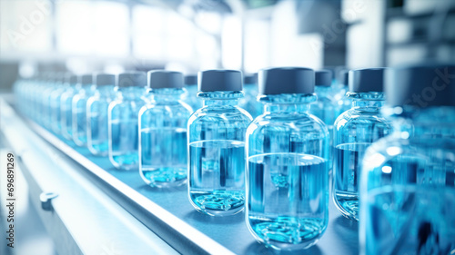 Plastic bottles with blue liquid on conveyor belt, closeup