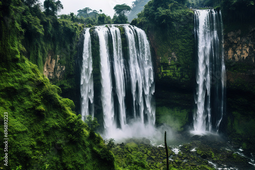 waterfall in the mountains covered in moss. Generative Ai