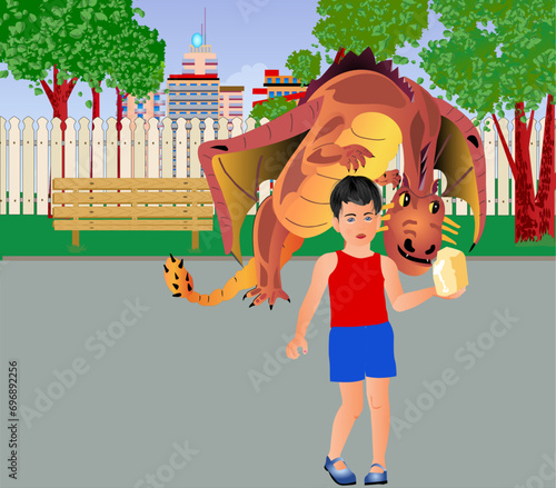 Little boy on city street taming a dragon with a piece of cheese. Vector illustration. 