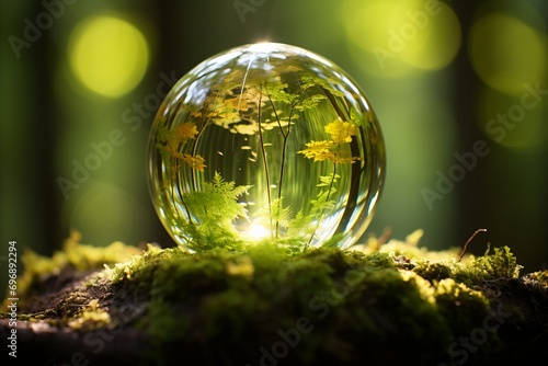 Earth Day - Environment - Green Globe In Forest With Moss And Defocused Abstract Sunlight