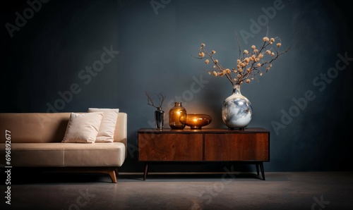un buffet en bois avec des objets de décoration, vu de face, à côté d'un canapé, devant un mur sombre photo