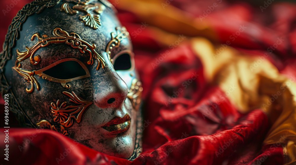 gold, black, silver carnival mask on red velvet background, with copy space