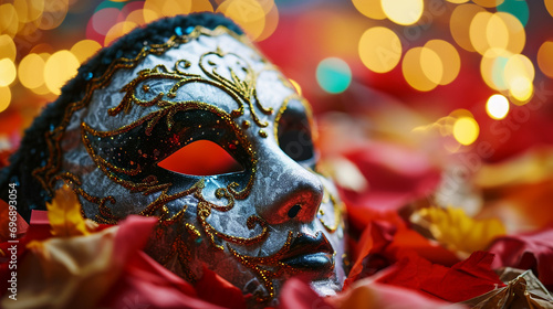 gold, silver and black carnival Venetian mask on a red velvet background with bokeh effect, with empty space for text photo