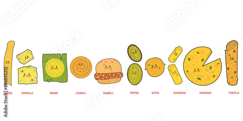 Gujarati food illustration, Gujarati snacks vector icon isolated,patra,dhokla,fafda icon set,cute avatar, photo