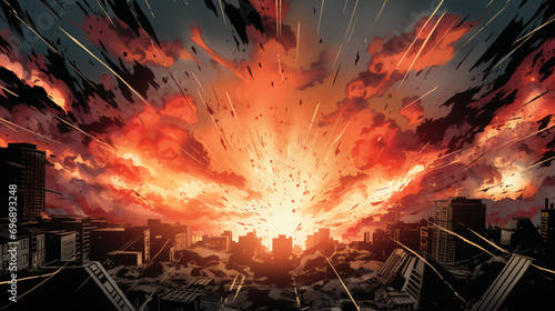 A catastrophic blast creating a shockwave that shatters windows and sends objects crashing to the ground.