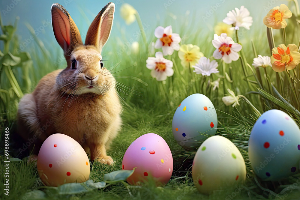 Fototapeta premium Easter. Bunny on the Meadow with Colorful Painted Eggs.
