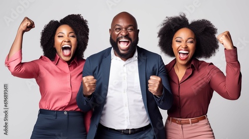 Dark skinned bearded man triumphant exclaims loudly clenches fist celebrate something stands in centre between two cheerful women smile happily dressed casually isolated over white background