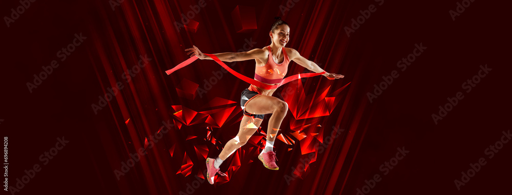 Header, banner or proposal flyer. Young attractive, athletic woman running to finish in energetic motion blur. Concept of professional sport, hobby, active lifestyle, recreation, action. Ad