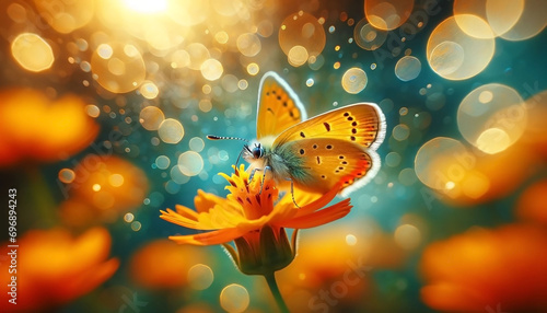 Beautiful cute yellow butterfly on orange flower in nature outdoors in spring summer on bright sunny day, macro. Beautiful blurry bokeh © Micaela