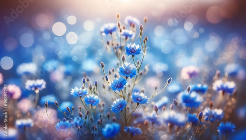 Beautiful blue wildflowers in nature outdoors with soft focus and bokeh. Floral summer spring background 