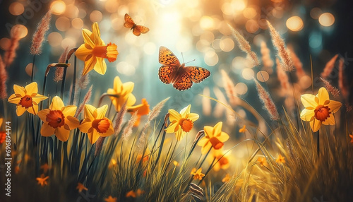 Beautiful flowers daffodils in spring summer in tall wild grass and orange butterfly in nature outdoors with beautiful bokeh