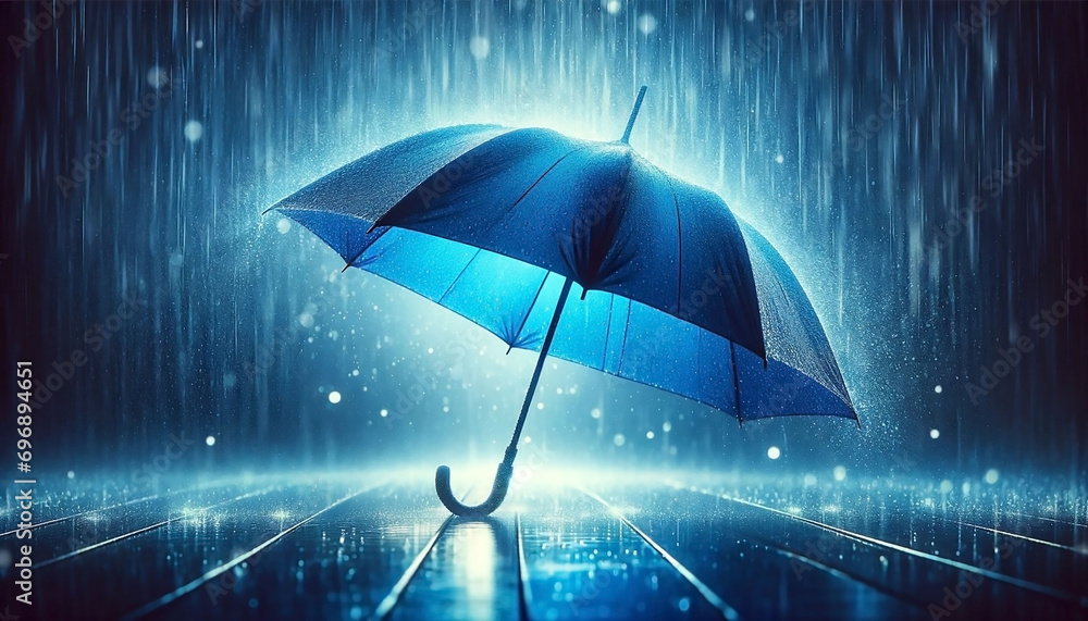 Beautiful blue umbrella close-up against the background of rain