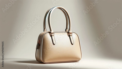 Beautiful trendy smooth youth women's handbag in cream color on a light grey studio background 