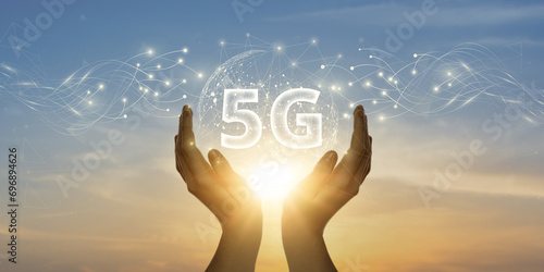 5G High-Speed Wireless Data Connections for Enhanced Business Productivity and Innovation. technology concept on virtual screen.