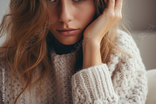 portrait of a woman wearing cozy knitted warm sweater 