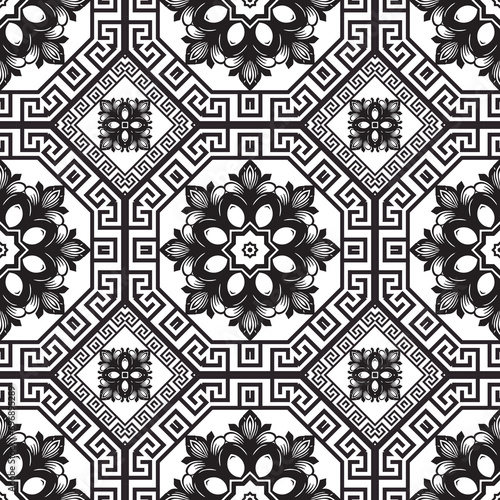 Geometric black and white greek key meanders ornamental floral seamless pattern. Vector modern tribal ethnic style background. Beautiful ornaments with lines flowers, leaves, octagon, rhombus, frames